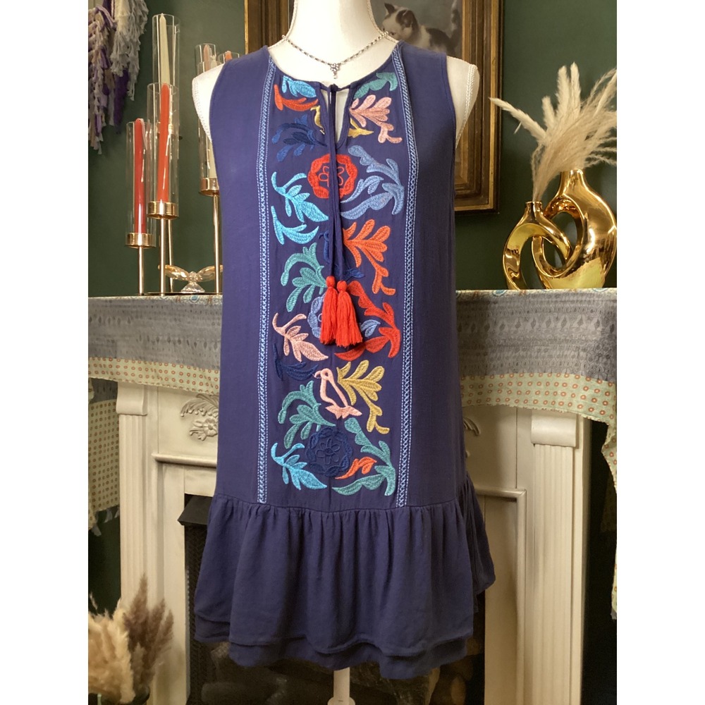 THML Navy Blue Embroidered Tassel Sleeveless Ruffle Hem Dress FTM703 Small